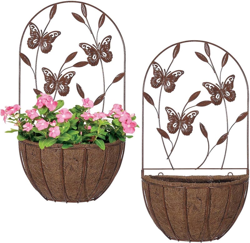 BAYN 2PK Wall Hanging Planter Decor Art with Butterfly, Metal Wall Mounted Planters Indoor Outdoor Wall Planter for Succulent Herb Home Garden Yard - Image 1